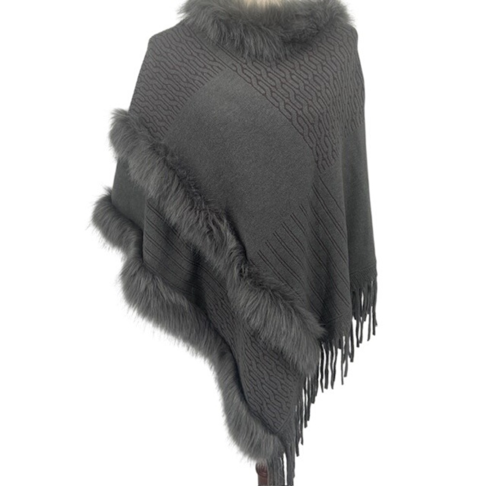 Pinklicious Boho Chic Fringe Faux Fur Poncho Cape Asymmetrical Chalet One Size